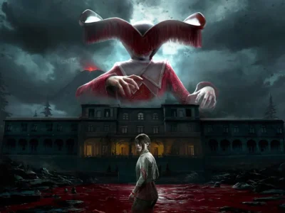 A woman stands in a blood-red lake before a dark mansion, beneath a giant red-clad faceless figure in a stormy forest