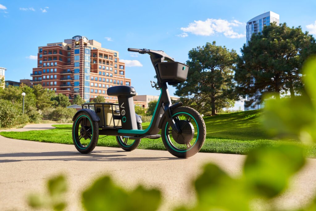 Black-and-teal electric trike with a front basket and rear cargo area parked on a park path, with city buildings behind
