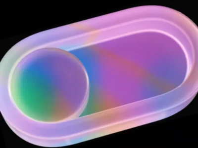 Abstract iridescent rounded rectangle with a raised circular shape, glowing in pink, purple, blue and green against black