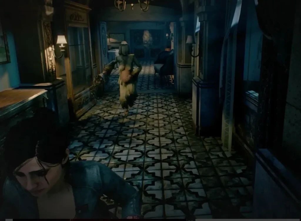 Third-person horror game scene with a woman in a blue dress foreground and another figure running through a dim, tiled