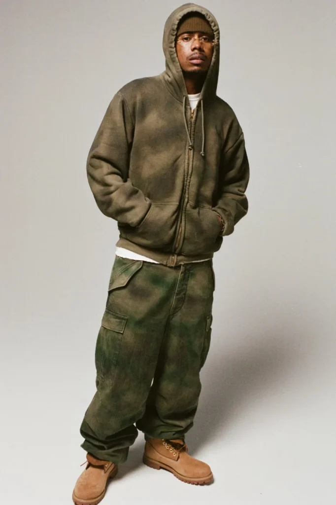 Person stands with hands in hoodie pockets, wearing an olive zip hoodie, cargo pants, knit cap and tan boots against a gray