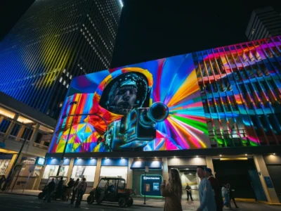 Colorful projection of an astronaut filming with a camera across a downtown building facade at night, with pedestrians below
