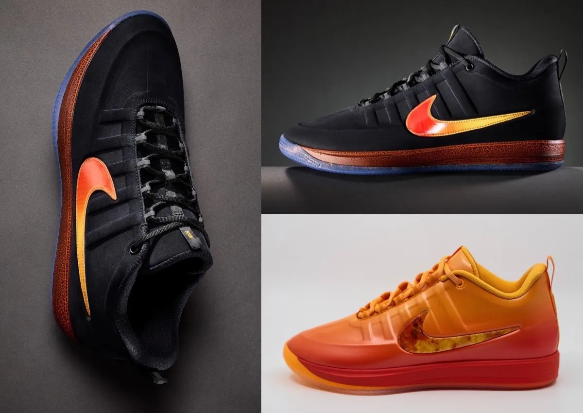 Collage of black and orange Nike basketball shoes, including top, side, and bright orange colorway views