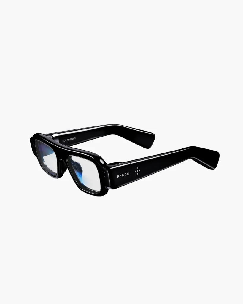 Black rectangular eyeglasses with blue-reflective lenses, shown at an angle against a white background
