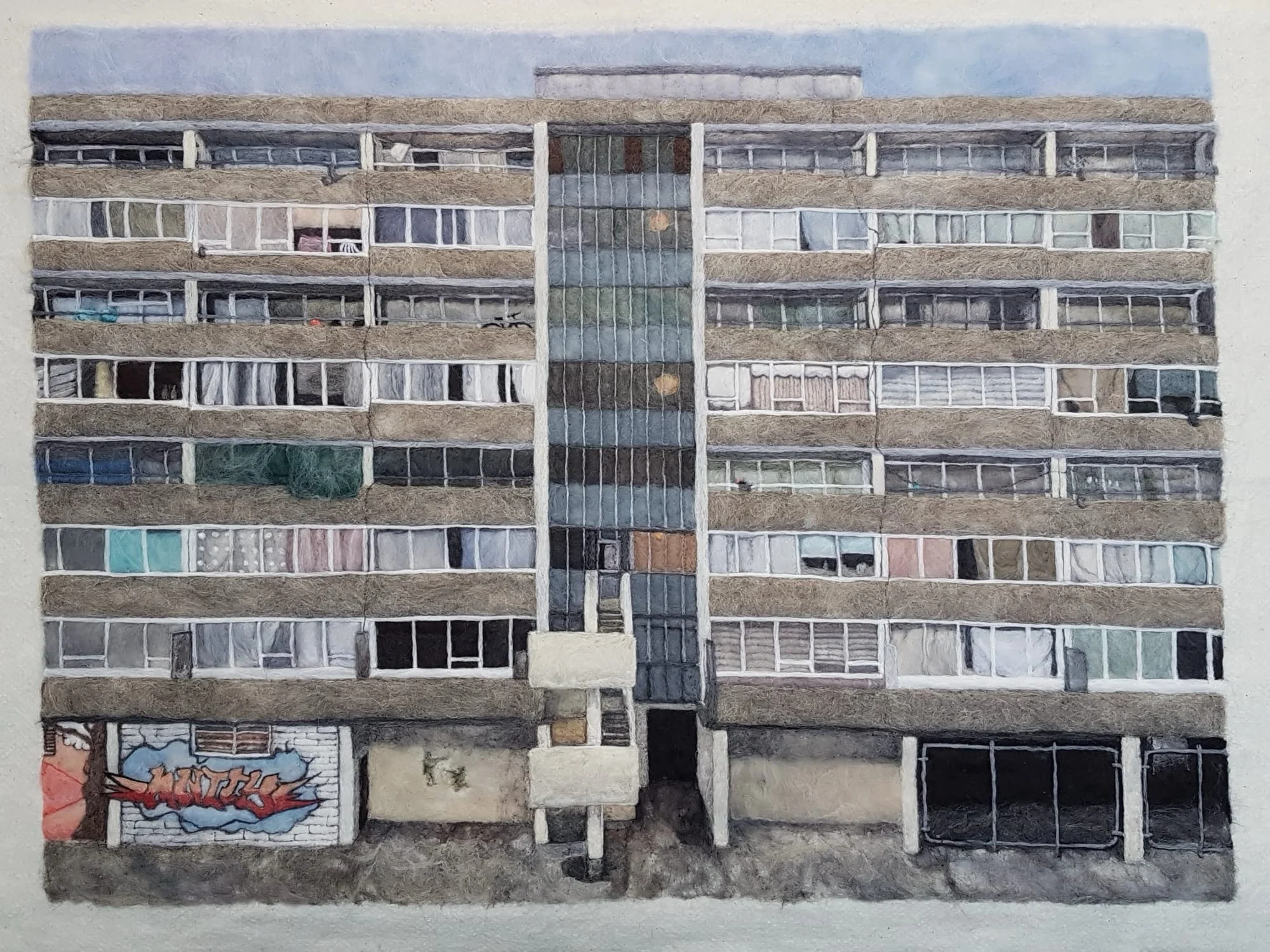 Painting of a weathered high-rise apartment block with rows of windows, balconies, and a graffiti-covered ground floor