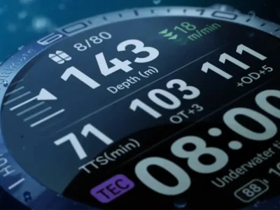 Close-up of a Huawei smartwatch display showing 143-meter depth, 103-meter decompression stop, and dive metrics