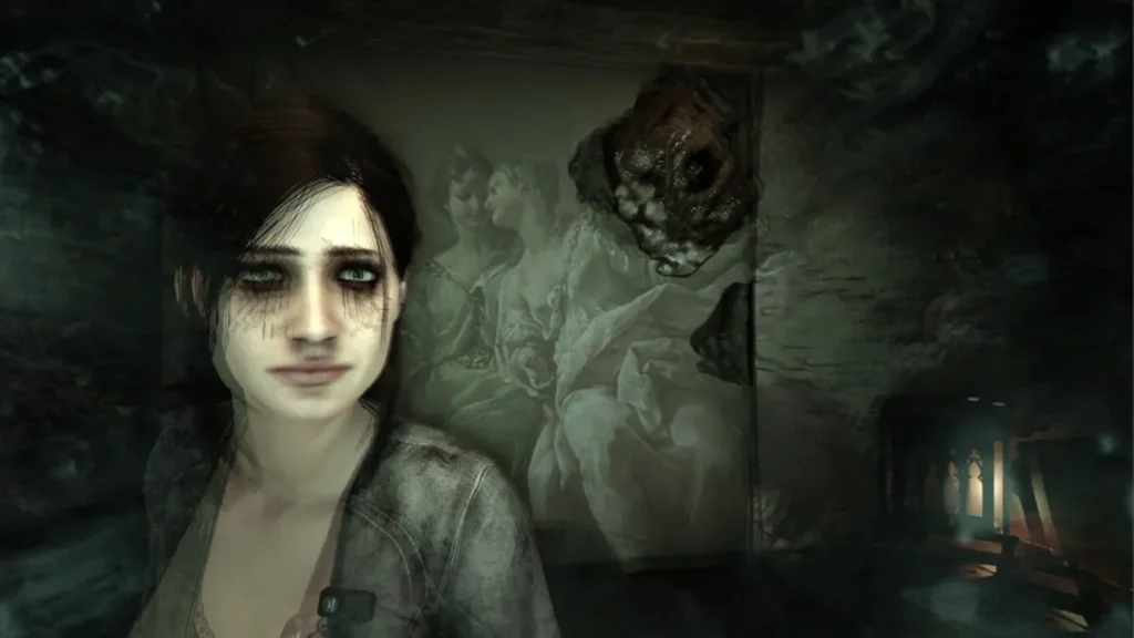 Pale woman with dark hair and smeared black eye makeup stands before a faded painting and grotesque wall carving in a dim