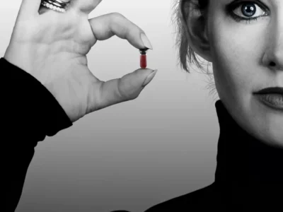 Black-and-white close-up of Elizabeth Holmes holding a red vial beside her face, wearing a black top and rings