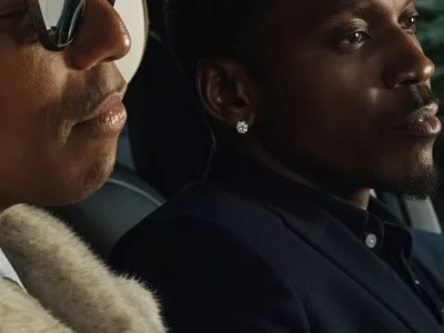 Left Pharrell and right Pusha T seated in a dim setting; one wears reflective sunglasses and a cream fur-trim coat, another a dark suit and