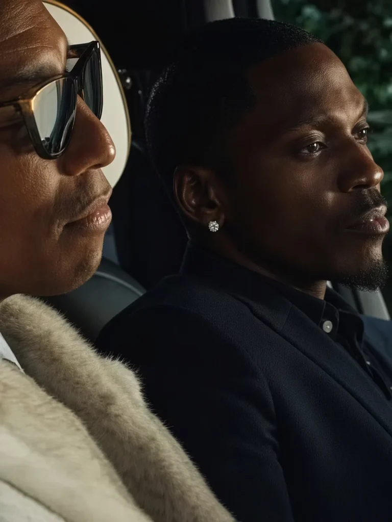 Left Pharrell and right Pusha T seated in a dim setting; one wears reflective sunglasses and a cream fur-trim coat, another a dark suit and