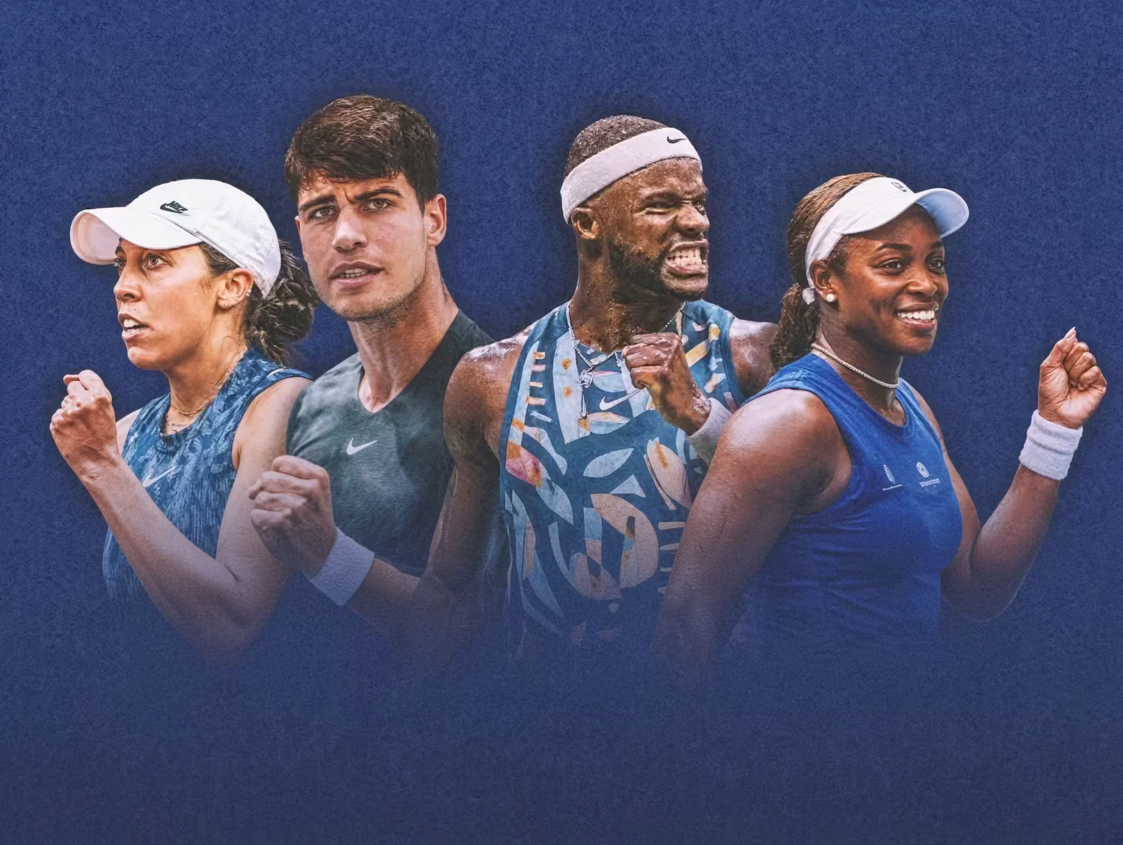 Four tennis players in caps and athletic wear pose against a textured navy background, raising clenched fists in celebration