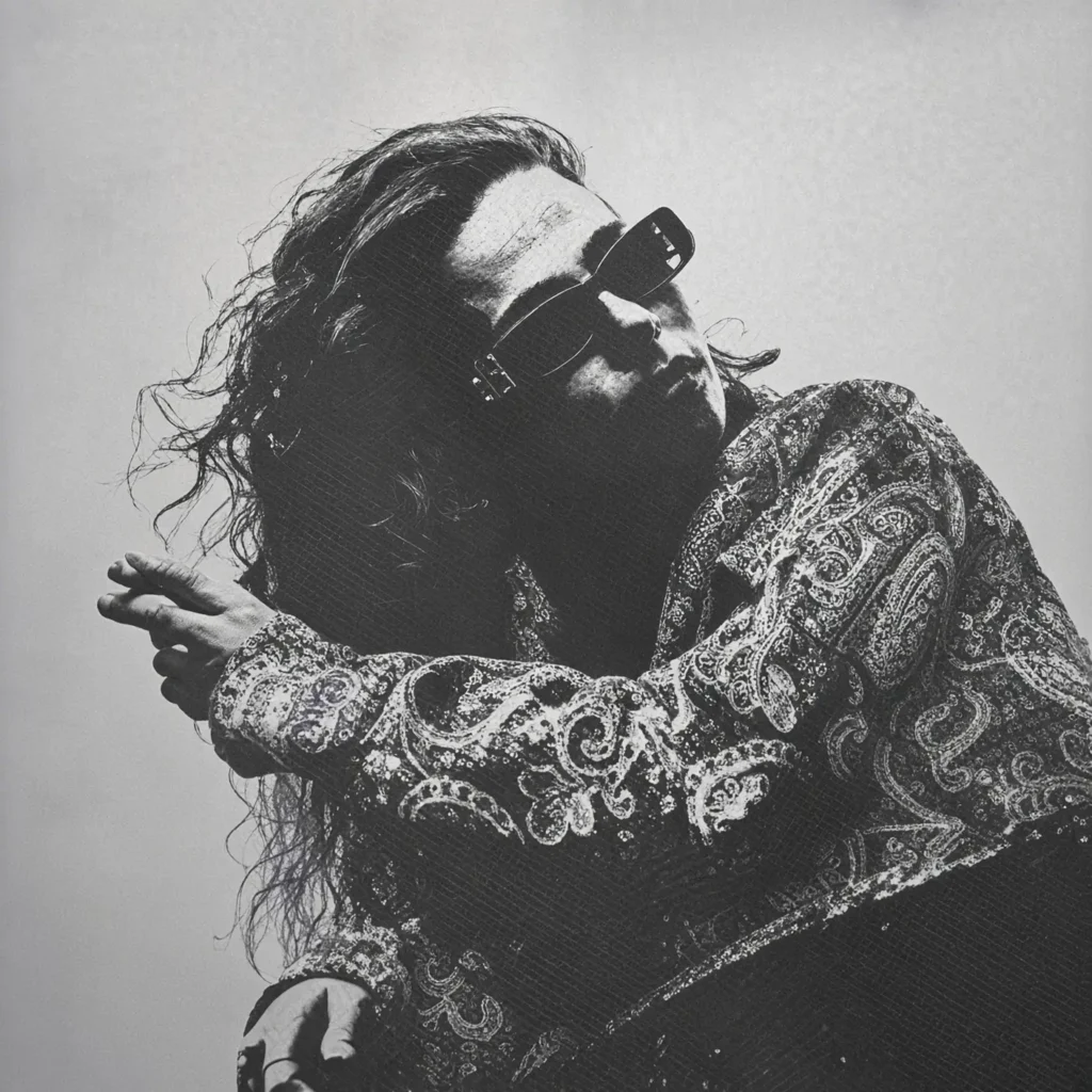 Lov'Nee poses in sunglasses and a paisley shirt, leaning back against a plain light background