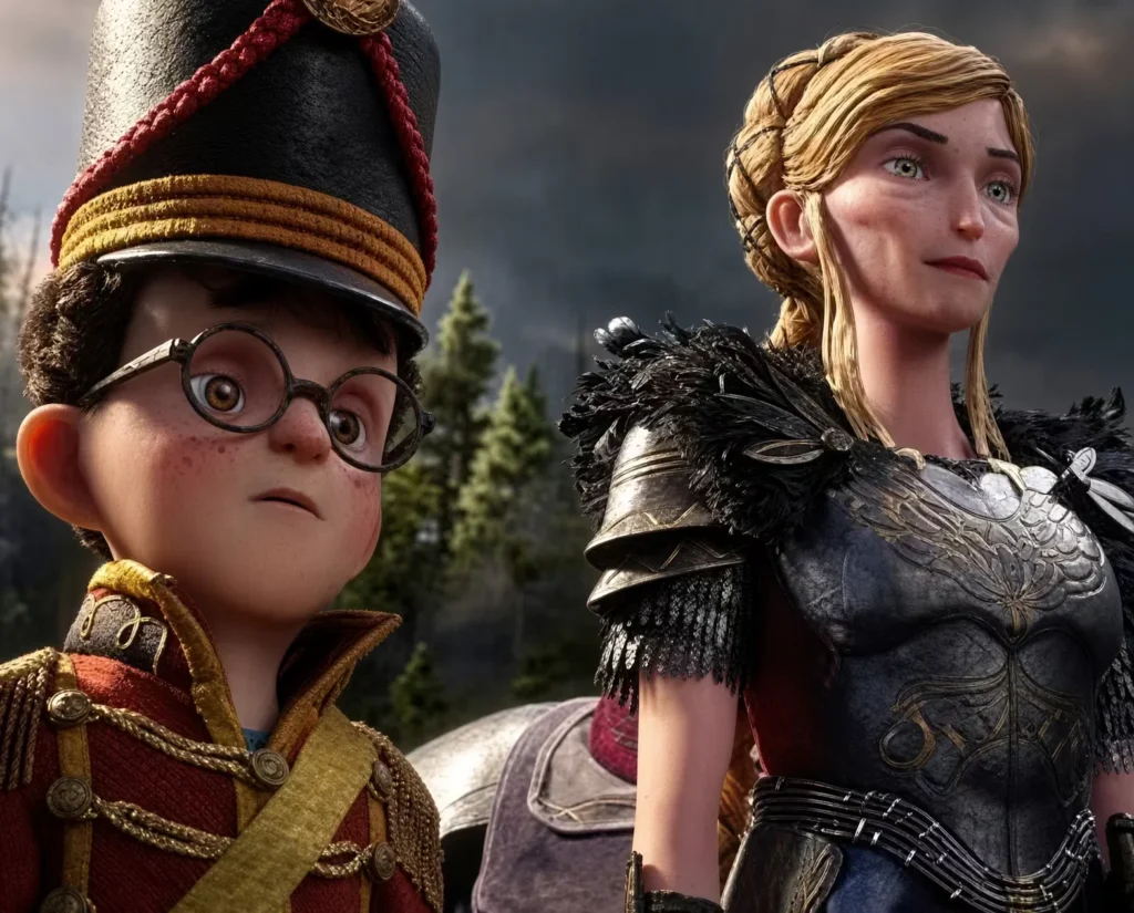 Two stop-motion characters stand outdoors: a bespectacled boy in a tall hat and a blonde woman in black feathered armor