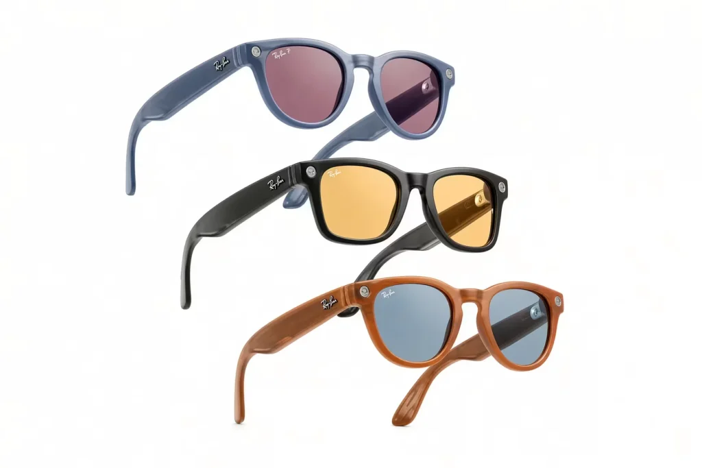 Three pairs of Ray-Ban glasses in blue, black, and brown frames with pink, yellow, and blue lenses on white background