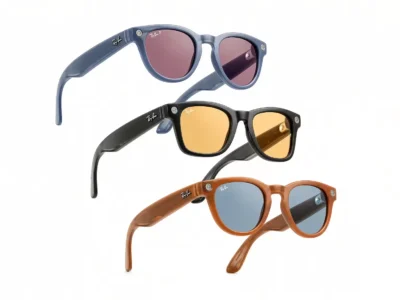 Three pairs of Ray-Ban glasses in blue, black, and brown frames with pink, yellow, and blue lenses on white background