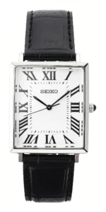 Rectangular Seiko watch with a polished steel case, white Roman numeral dial, and black leather strap on white background