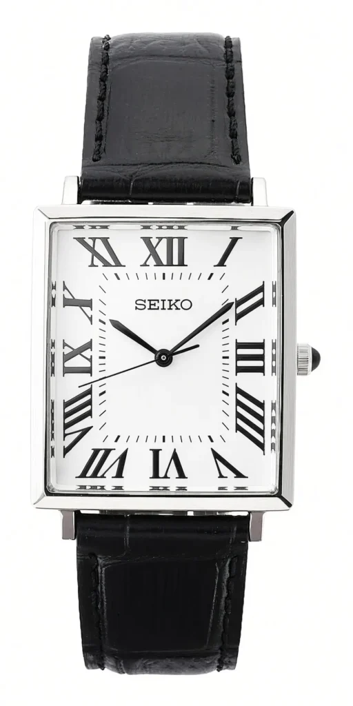 Rectangular Seiko watch with a polished steel case, white Roman numeral dial, and black leather strap on white background
