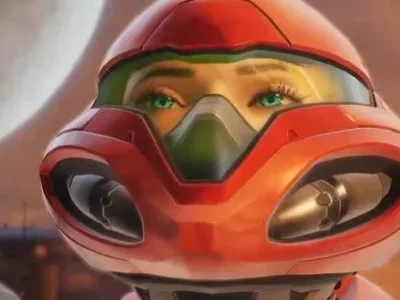 Close-up of Samus Aran in a red helmet with green visor, visible eyes, and metallic side-mounted components