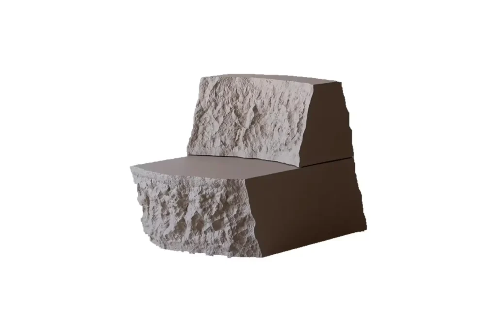 Sculpture gray lounge chair with rough stone-like front and back surfaces, smooth dark brown sides, on white background