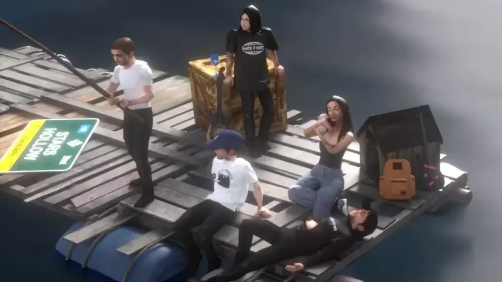 Five people pose on a wooden raft set, with a green street sign, gold trunk, backpack, and black luggage visible