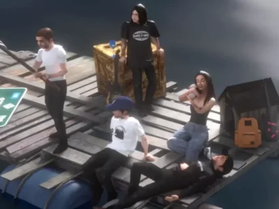 Five people pose on a wooden raft set, with a green street sign, gold trunk, backpack, and black luggage visible