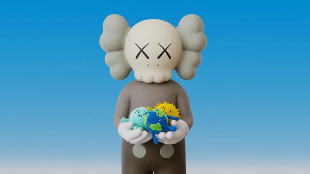 KAWS figure with crossed-out eyes holds colorful plush toys, including a blue-and-green globe, against a blue gradient