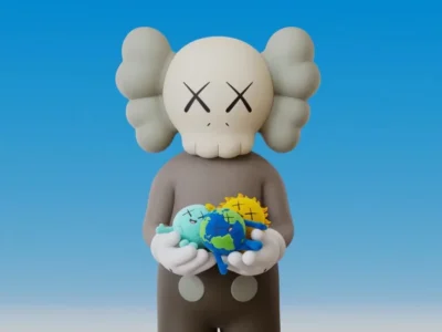 KAWS figure with crossed-out eyes holds colorful plush toys, including a blue-and-green globe, against a blue gradient