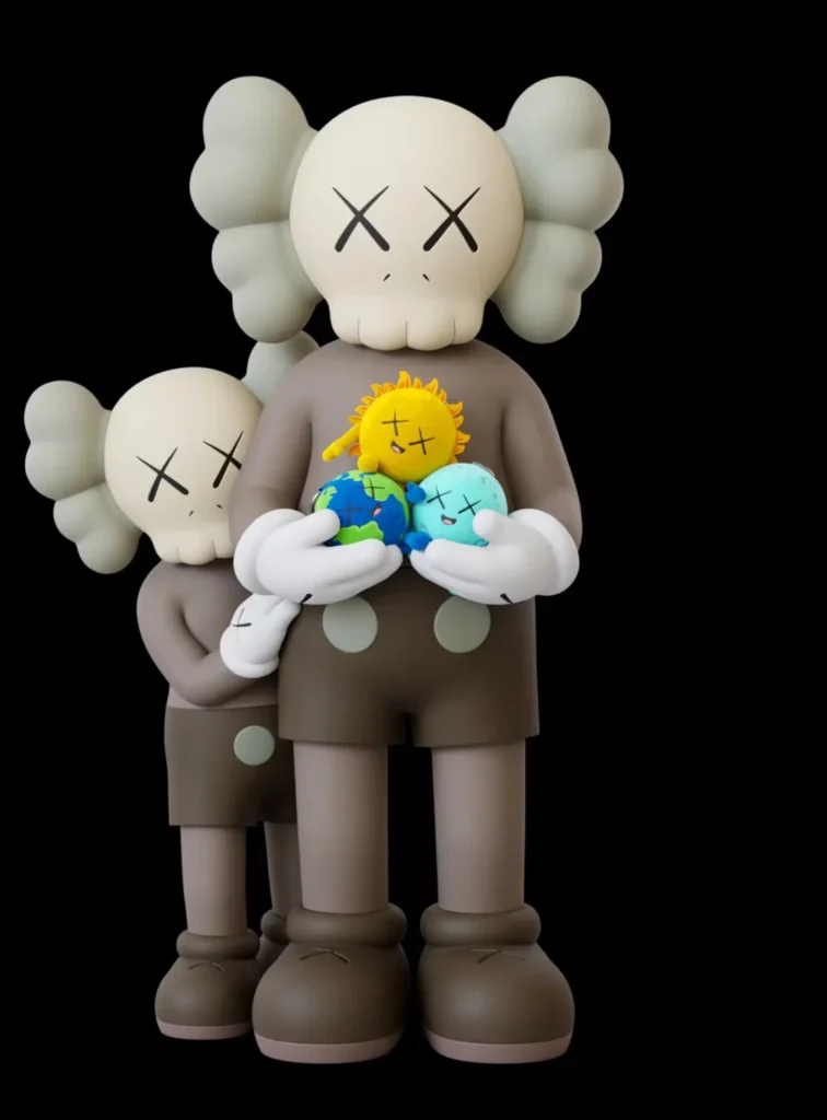 Two KAWS-style figures stand against black; the front holds three colorful globe plush toys, while another embraces it from