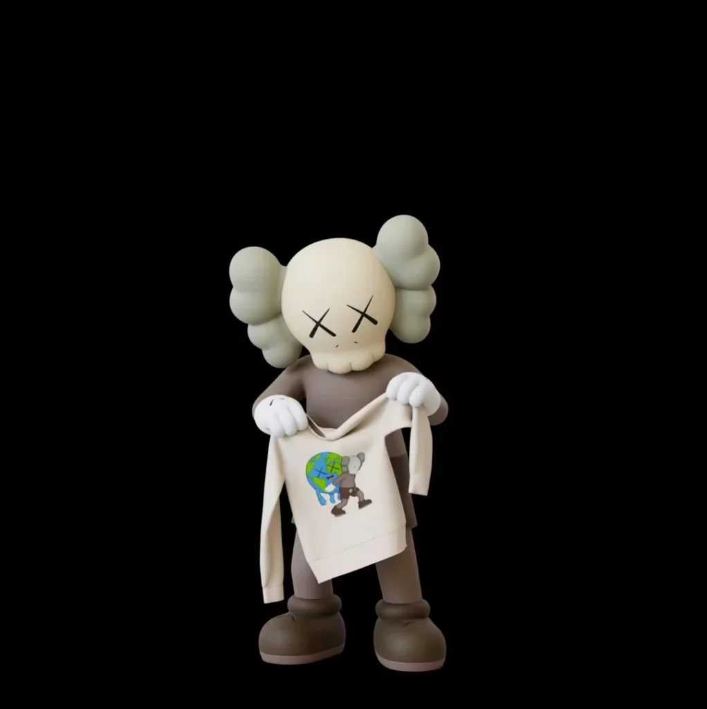 KAWS figure with crossed-out eyes holds a white long-sleeved shirt featuring a colorful globe graphic against a black