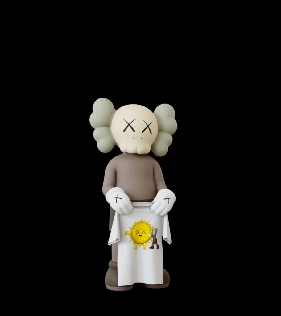 KAWS figure with crossed-out eyes holds a white apron printed with a yellow sun character against a black background