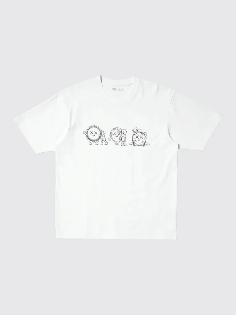 White Tee laid flat, feature three small black-and-white cartoon figures across the chest on a light gray background