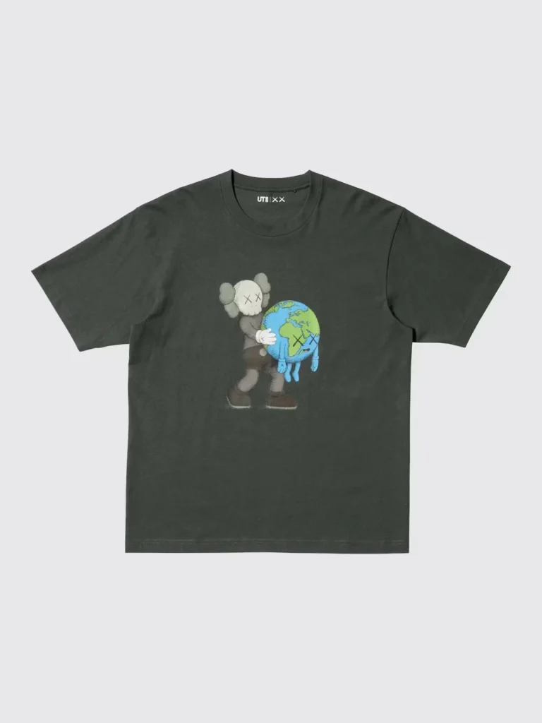 Dark gray Tee with a graphic of a gray figure hugging a blue-and-green globe, laid flat on a light background