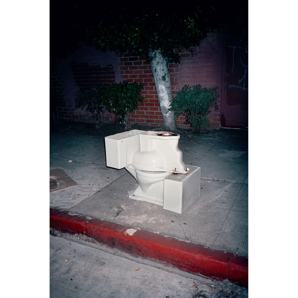 A white toilet sits on a Los Angeles sidewalk beside a red curb, brick wall, shrubs, and a tree