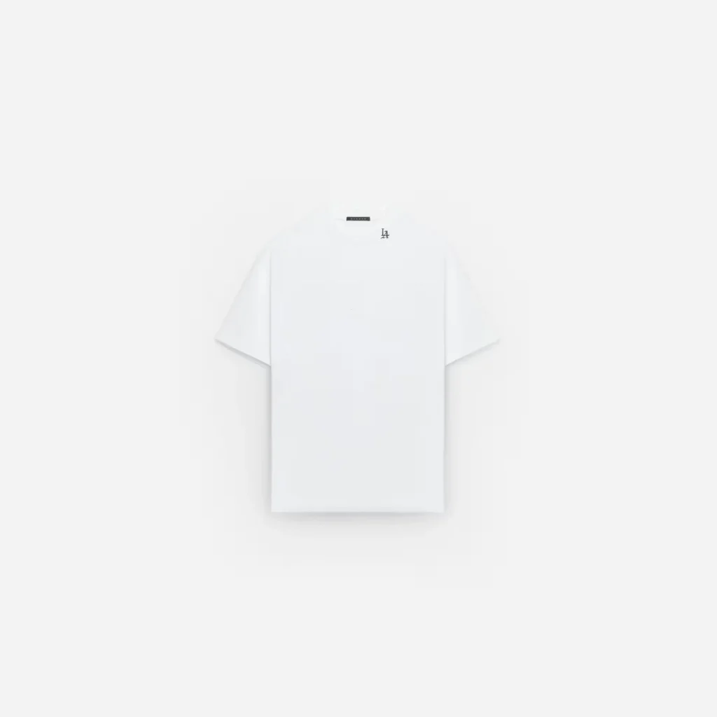 White relaxed-fit Tee with a small black embroidered logo near the collar, displayed flat on a white background