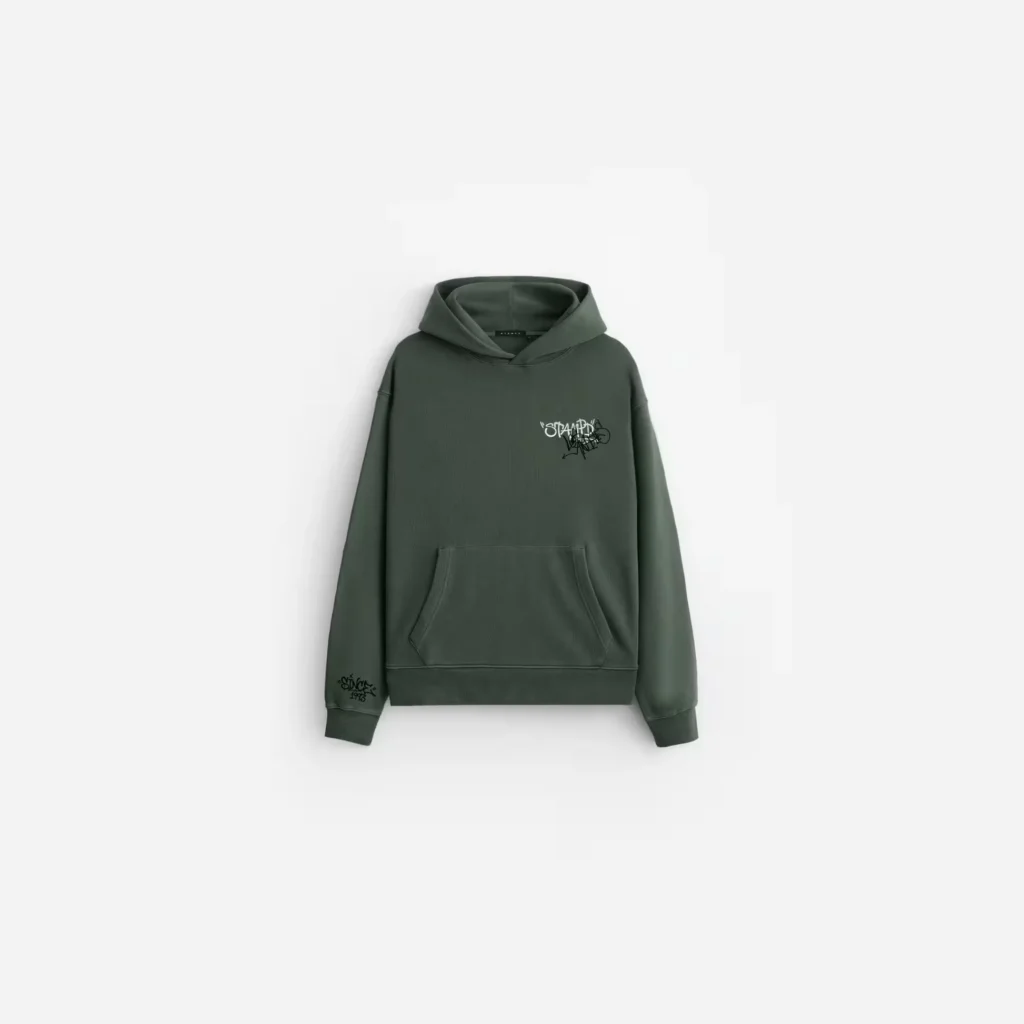 Dark green pullover hoodie with kangaroo pocket and small black-and-white graffiti logo, displayed flat on white background
