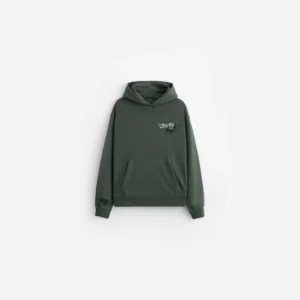Dark green pullover hoodie with kangaroo pocket and small black-and-white graffiti logo, displayed flat on white background
