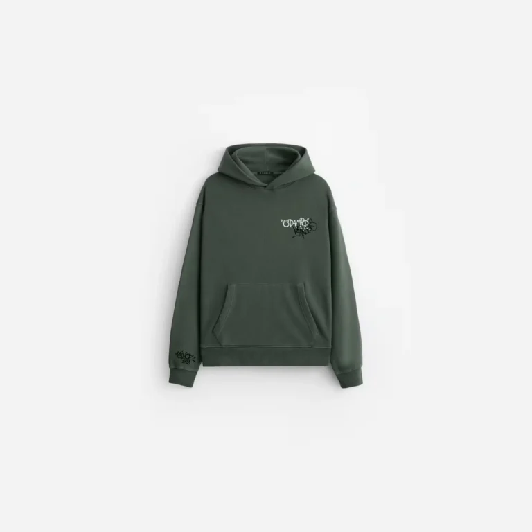 Dark green pullover hoodie with kangaroo pocket and small black-and-white graffiti logo, displayed flat on white background