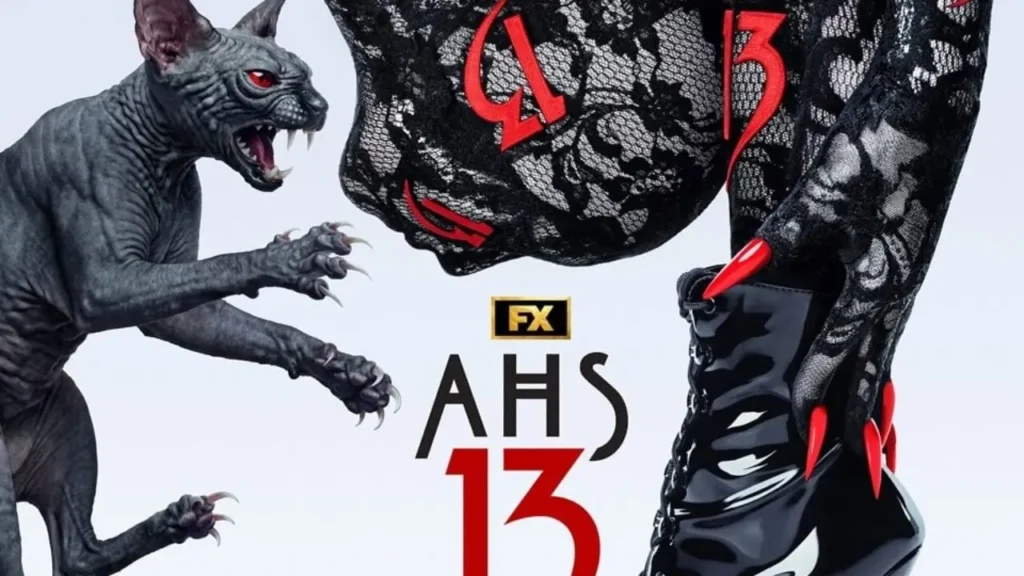Gray snarling cat-like creature faces a black lace-clad figure with red claw accents beside the AHS 13 logo