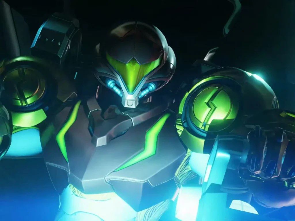 Samus Aran in dark power armor with glowing green visor and arm cannon, shown close-up in a dim blue-lit setting