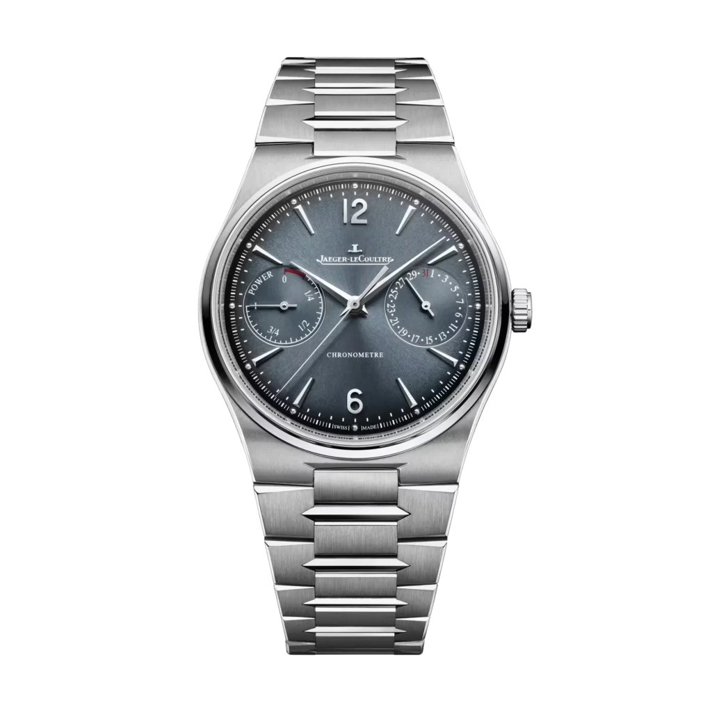 Silver Jaeger-LeCoultre watch with integrated bracelet, blue-gray dial, power reserve and date subdials on black background