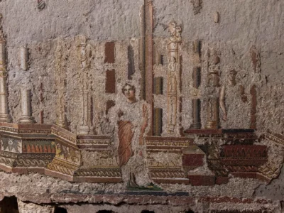 Ancient Roman mosaic fragment showing a seated woman among ornate columns and architectural motifs on a weathered wall