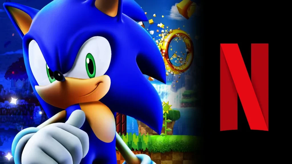 Sonic the Hedgehog gives a thumbs-up beside a colorful game scene and a large red Netflix logo