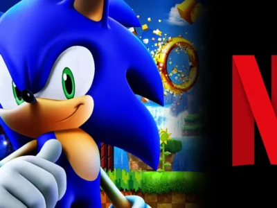 Sonic the Hedgehog gives a thumbs-up beside a colorful game scene and a large red Netflix logo