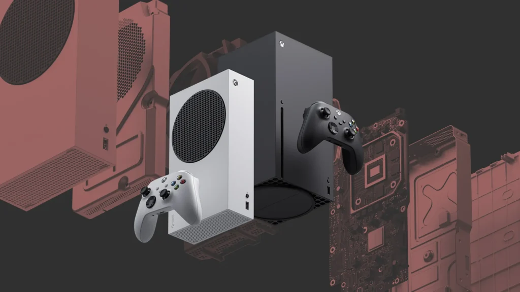 White and black Xbox consoles with matching controllers, set against stylized pink computer hardware on a dark background