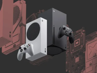 White and black Xbox consoles with matching controllers, set against stylized pink computer hardware on a dark background