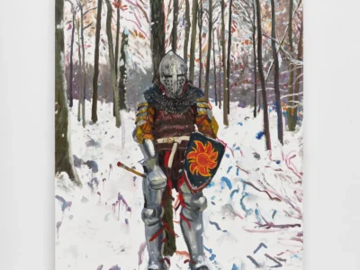 Paint of an armored figure seated in a snowy, colorful forest, holding a sword and a shield with a sun emblem