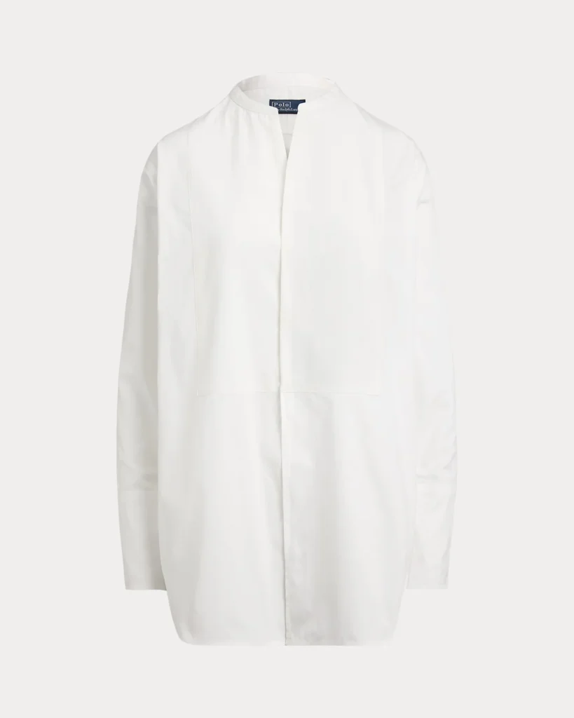 White Polo Ralph Lauren silk shirt with a band collar, concealed placket, and long sleeves against a light background