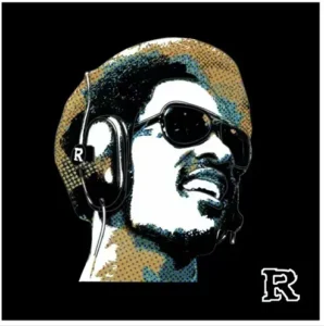 Stylized halftone portrait of Stevie Wonder wear sunglasses and headphones marked “R,” on a black background