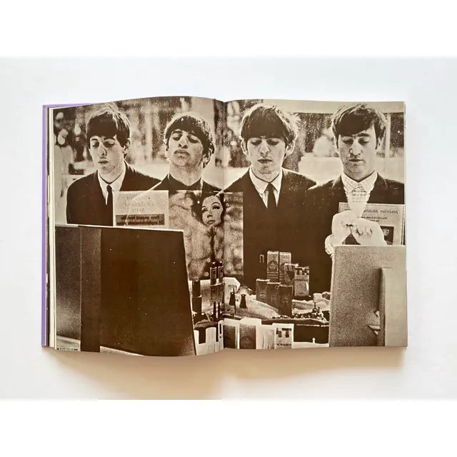 The Beatles 1980 first-edition photography book spread, four in suits over a collage table, purple spine