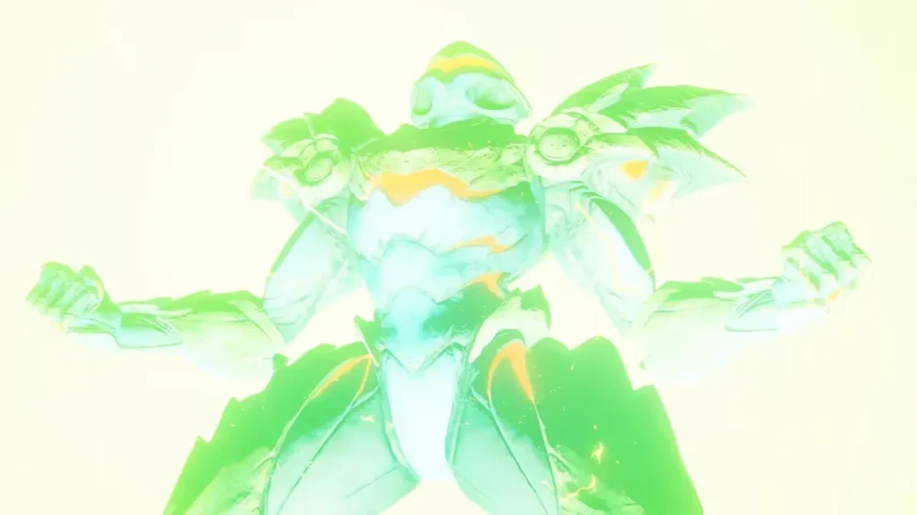 Green-armored humanoid character with a helmet and outstretched arms, rendered in an overexposed pale green scene